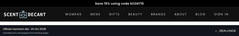Screenshot of Scent Decant's website on Oct 25, 2026 showing the "Save 15% on Most Scent Decant Items" offer