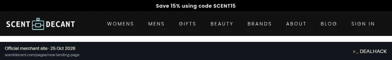 Screenshot of Scent Decant's website on Oct 25, 2026 showing the "Save 15% on Most Scent Decant Items" offer