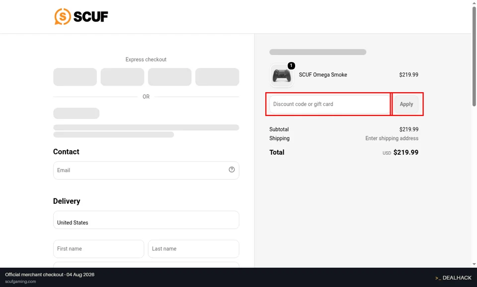 SCUF Gaming checkout page showing the Discount code or gift card field and Apply button