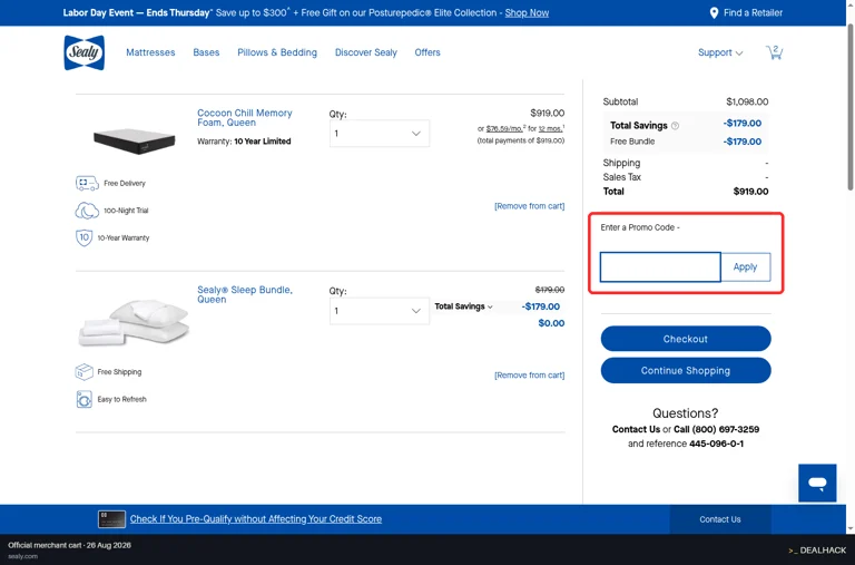 Sealy checkout page showing the Enter a Promo Code field and Apply button