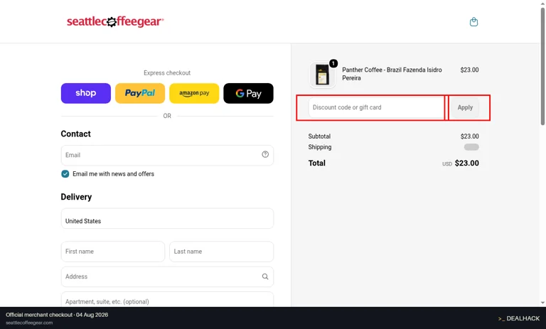 Seattle Coffee Gear checkout page showing the Discount code or gift card field and Apply button