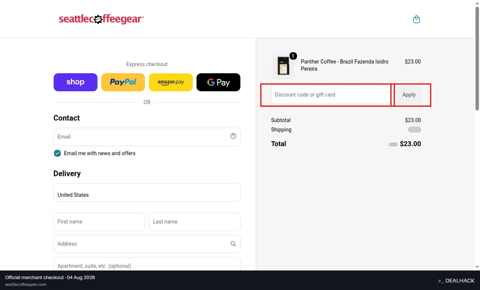 Seattle Coffee Gear checkout page showing the Discount code or gift card field and Apply button