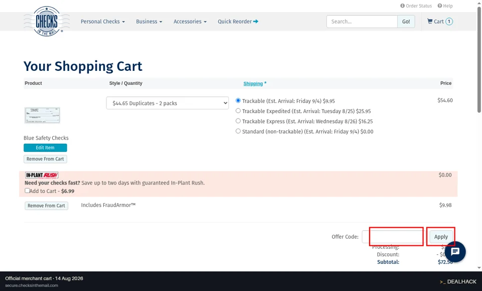 Checks In The Mail checkout page showing the Offer Code: field and Apply button
