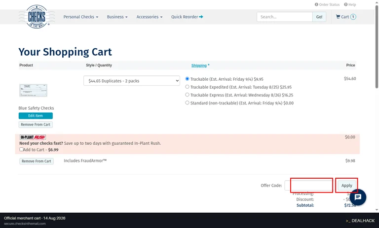 Checks In The Mail checkout page showing the Offer Code: field and Apply button