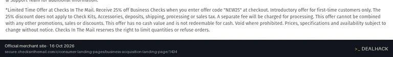 Screenshot of Checks In The Mail's website on Oct 16, 2026 showing the "Get 25% Off Business Checks as a New Customer" offer