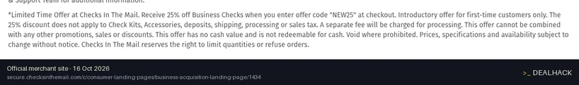 Screenshot of Checks In The Mail's website on Oct 16, 2026 showing the "Get 25% Off Business Checks as a New Customer" offer