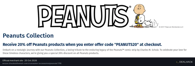 Screenshot of Checks In The Mail's website on Oct 20, 2026 showing the "Save 20% on Peanuts Products" offer