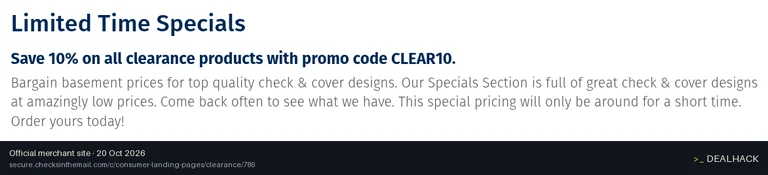 Screenshot of Checks In The Mail's website on Oct 20, 2026 showing the "Get 10% Off Clearance Products" offer