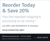 Screenshot of Checks In The Mail's website on Oct 16, 2026 showing the "Save 20% on Personal Check Reorders" offer