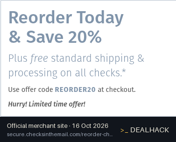 Screenshot of Checks In The Mail's website on Oct 16, 2026 showing the "Save 20% on Personal Check Reorders" offer