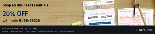 Screenshot of Checks In The Mail's website on Oct 20, 2026 showing the "Save 20% on Business Essentials" offer