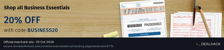 Screenshot of Checks In The Mail's website on Oct 20, 2026 showing the "Save 20% on Business Essentials" offer