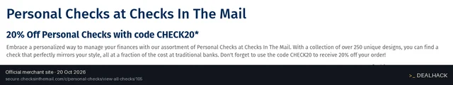 Screenshot of Checks In The Mail's website on Oct 20, 2026 showing the "Save 20% on Personal Checks" offer