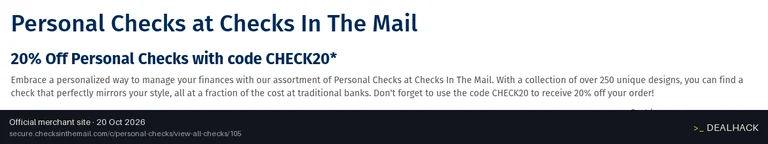 Screenshot of Checks In The Mail's website on Oct 20, 2026 showing the "Save 20% on Personal Checks" offer