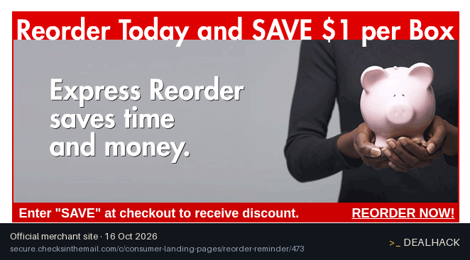 Screenshot of Checks In The Mail's website on Oct 16, 2026 showing the "Save $1 Per Personal Check Line" offer