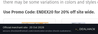Screenshot of Checks In The Mail's website on Oct 20, 2026 showing the "Save 20% Sitewide for Endex Customers" offer