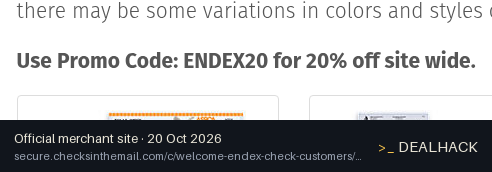 Screenshot of Checks In The Mail's website on Oct 20, 2026 showing the "Save 20% Sitewide for Endex Customers" offer