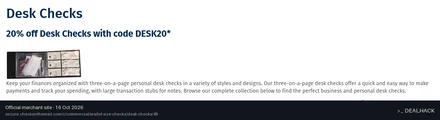 Screenshot of Checks In The Mail's website on Oct 16, 2026 showing the "Get 20% Off Desk Checks" offer