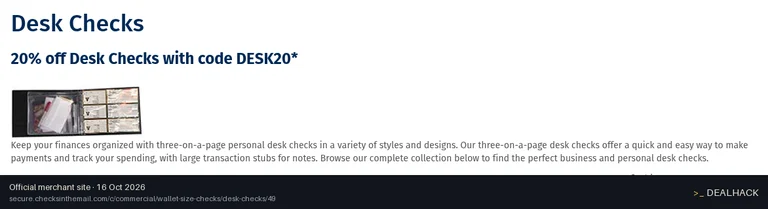 Screenshot of Checks In The Mail's website on Oct 16, 2026 showing the "Get 20% Off Desk Checks" offer