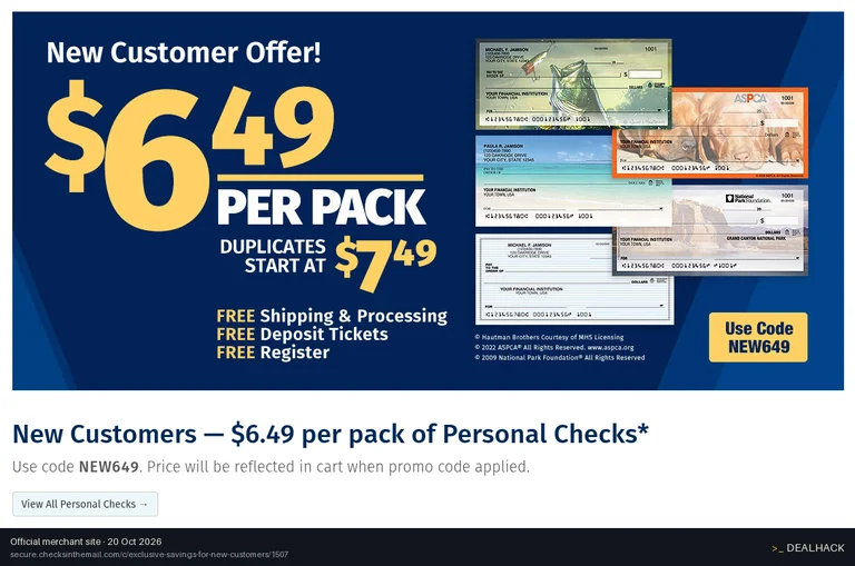 Screenshot of Checks In The Mail's website on Oct 20, 2026 showing the "Get Personal Checks for $6.49 per Pack" offer