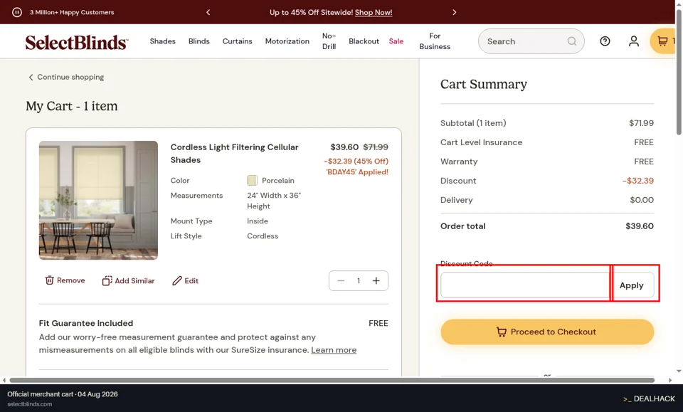 SelectBlinds checkout page showing the Enter your discount code field and Apply button