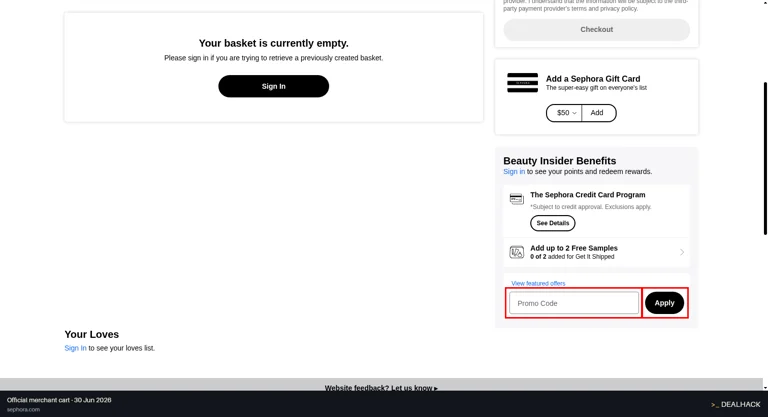 Sephora checkout page showing the Promo Code field and Apply button