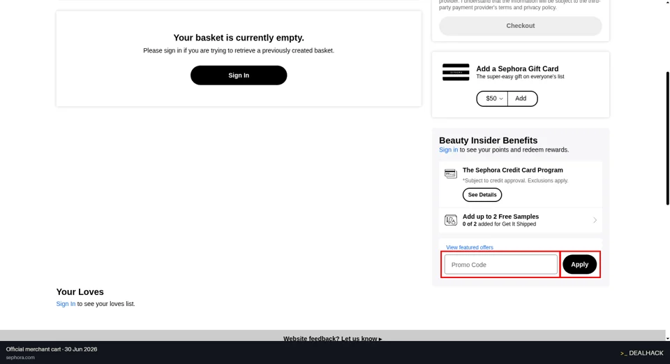 Sephora checkout page showing the Promo Code field and Apply button