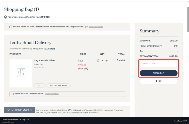 Serena & Lily checkout page showing the PROMO CODE field and CHECKOUT button