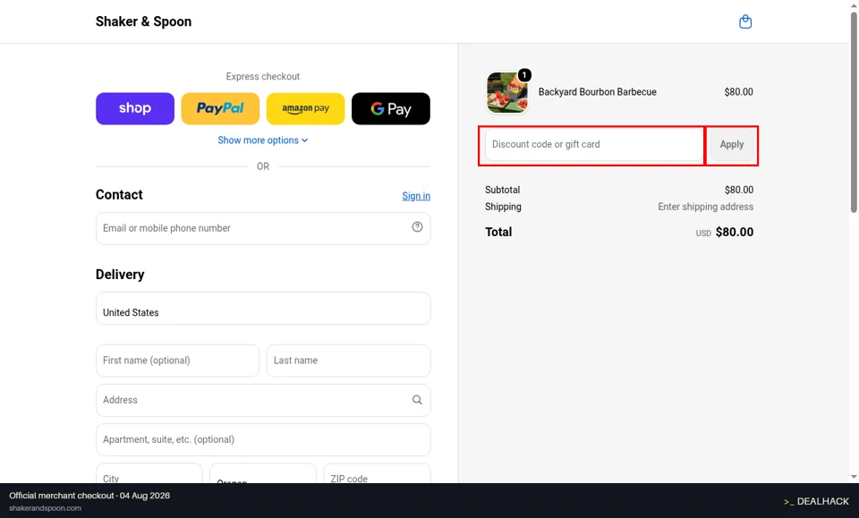 Shaker & Spoon checkout page showing the Discount code or gift card field and Apply button