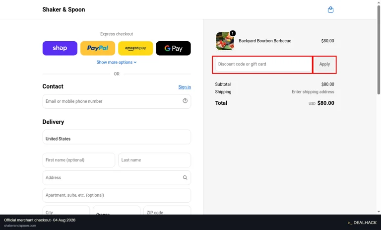 Shaker & Spoon checkout page showing the Discount code or gift card field and Apply button