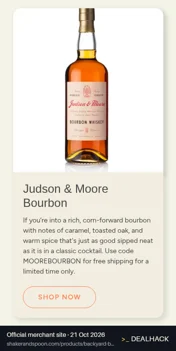 Screenshot of Shaker & Spoon's website on Oct 21, 2026 showing the "Enjoy Free Shipping on Backyard Bourbon Barbecue" offer