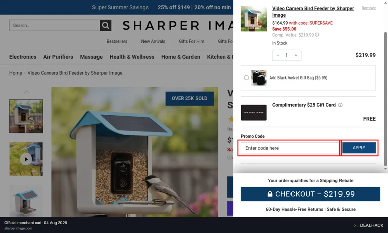 Sharper Image checkout page showing the Enter code here field and APPLY button
