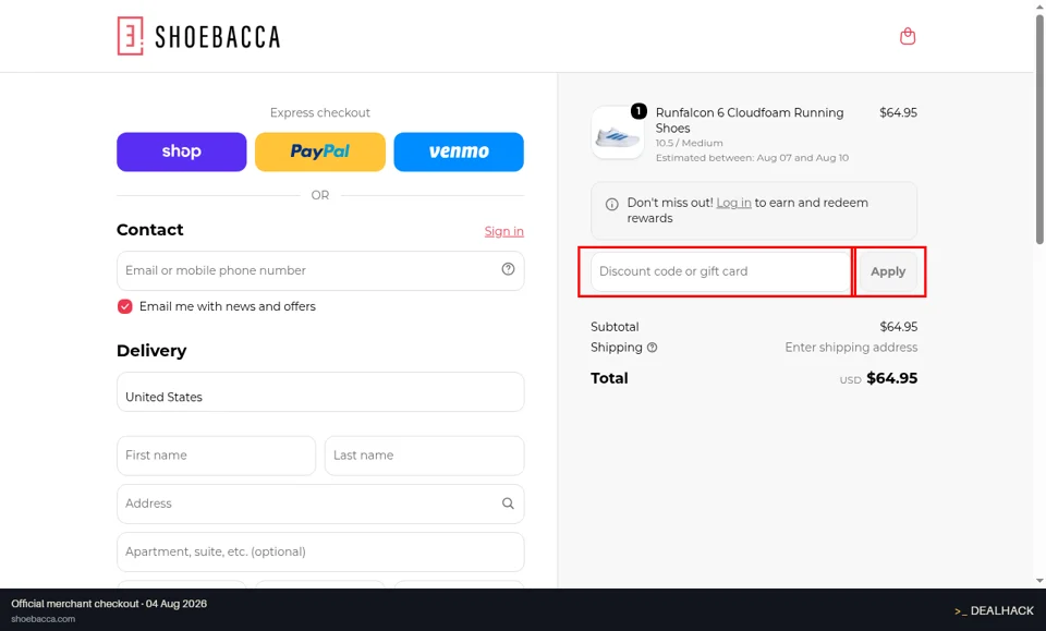 Shoebacca checkout page showing the Discount code or gift card field and Apply button