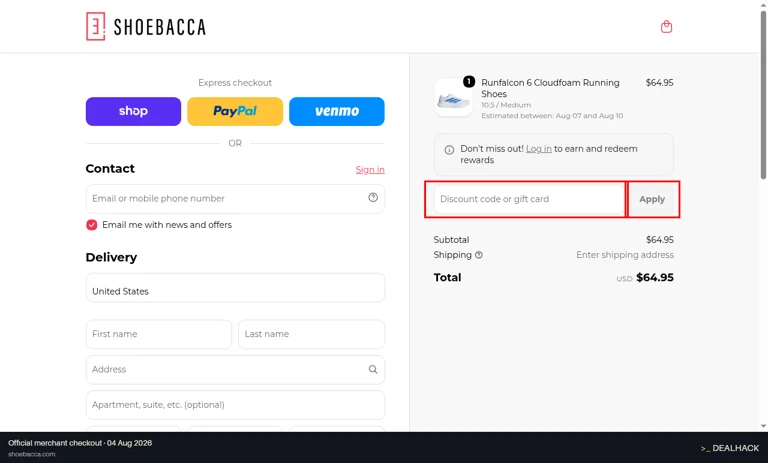 Shoebacca checkout page showing the Discount code or gift card field and Apply button