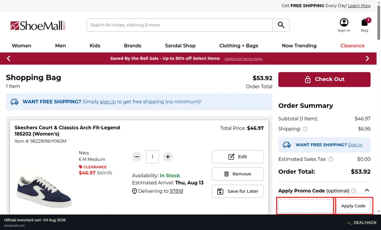 ShoeMall checkout page showing the Promo Code field and Apply Code button