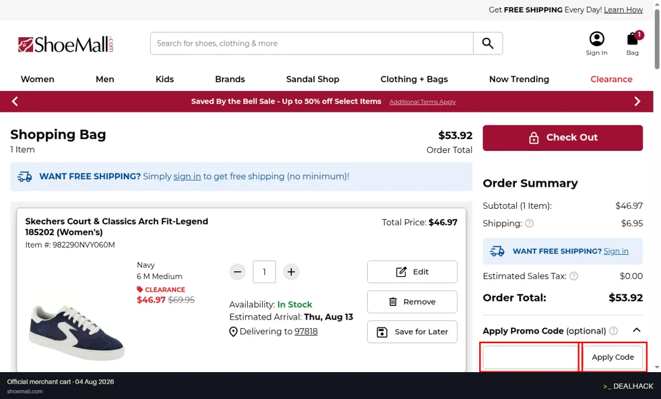 ShoeMall checkout page showing the Promo Code field and Apply Code button