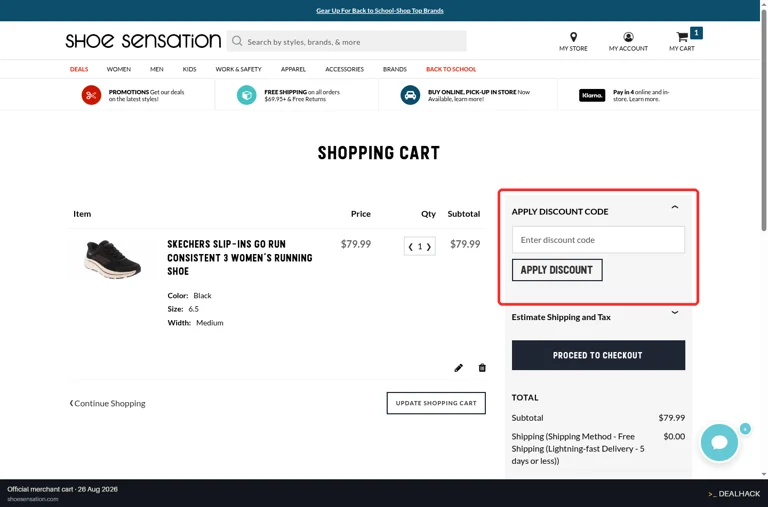 Shoe Sensation checkout page showing the Enter discount code field and Apply Discount button