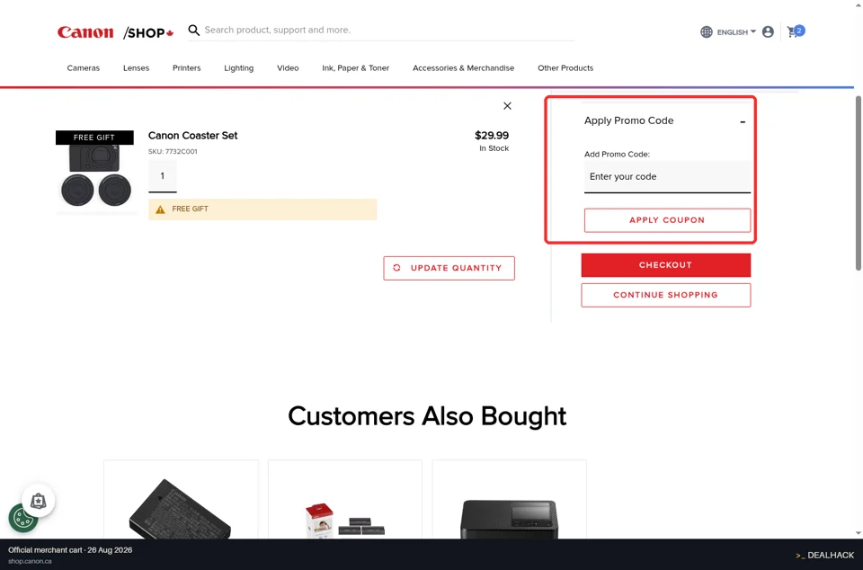 Canon Canada checkout page showing the Enter your code field and Apply Coupon button