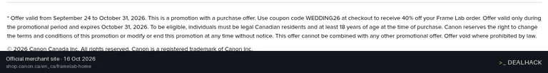 Screenshot of Canon Canada's website on Oct 16, 2026 showing the "Save 40% on Custom Framed Prints" offer