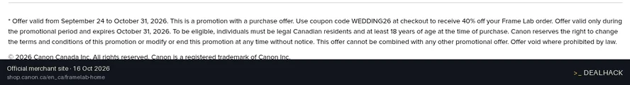 Screenshot of Canon Canada's website on Oct 16, 2026 showing the "Save 40% on Custom Framed Prints" offer