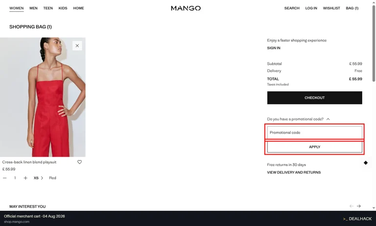 Mango checkout page showing the Promotional code field and Apply button