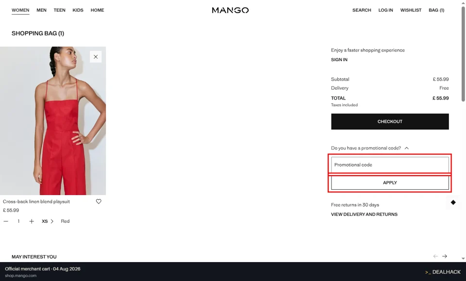 Mango checkout page showing the Promotional code field and Apply button