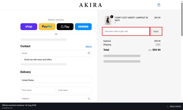 AKIRA checkout page showing the Discount code or gift card field and Apply button
