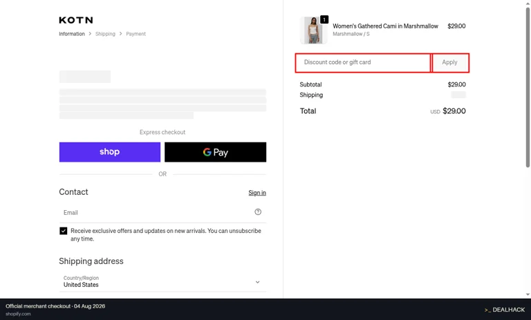 Shopify checkout page showing the Discount code or gift card field and Apply button