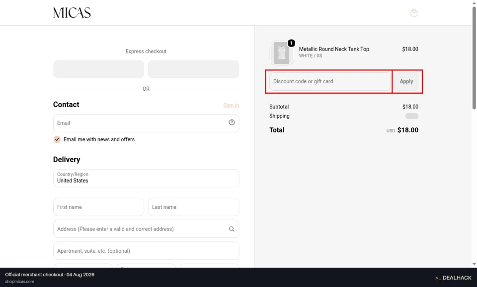 MICAS checkout page showing the Discount code or gift card field and Apply button