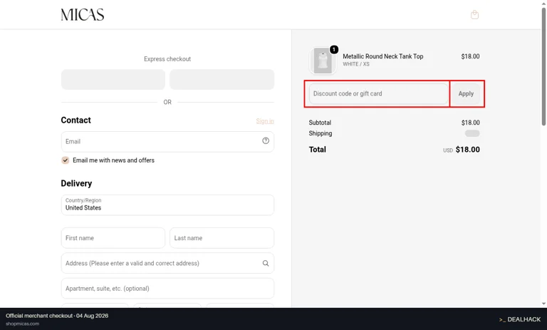 MICAS checkout page showing the Discount code or gift card field and Apply button