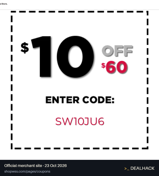 Screenshot of WSS's website on Oct 23, 2026 showing the "Save $10 on Orders of $60+ at WSS" offer