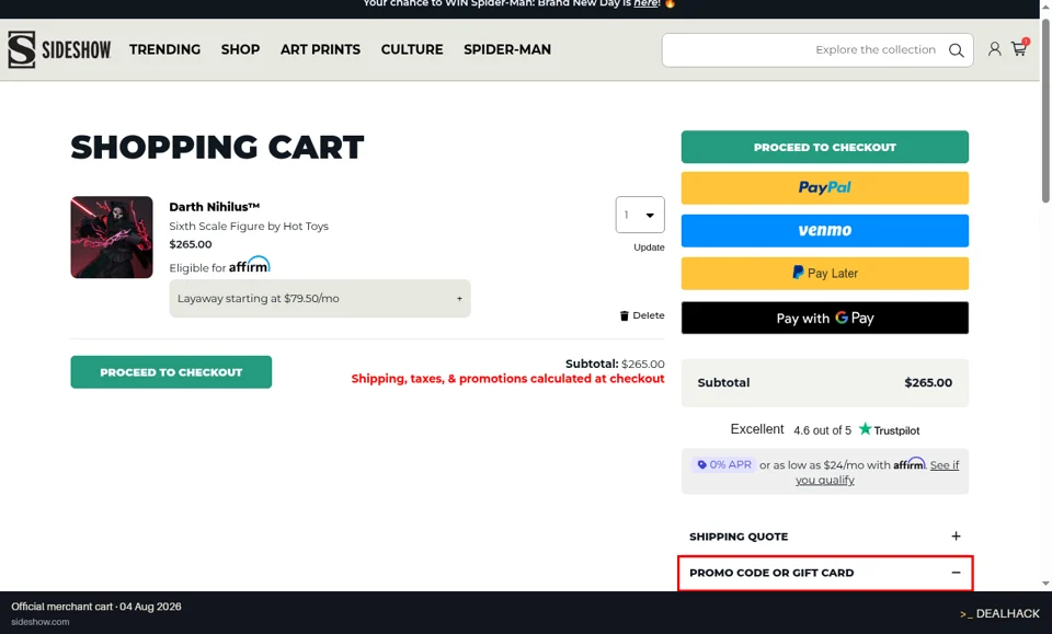 Sideshow checkout page showing the Enter code field and Apply button