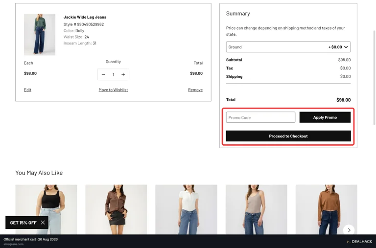 Silver Jeans Co. checkout page showing the Promo Code field and Apply Promo button