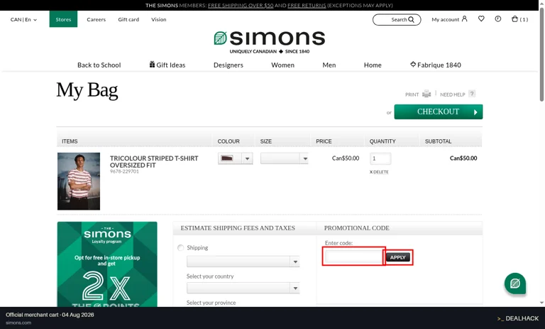 Simons checkout page showing the Enter code: field and Apply button